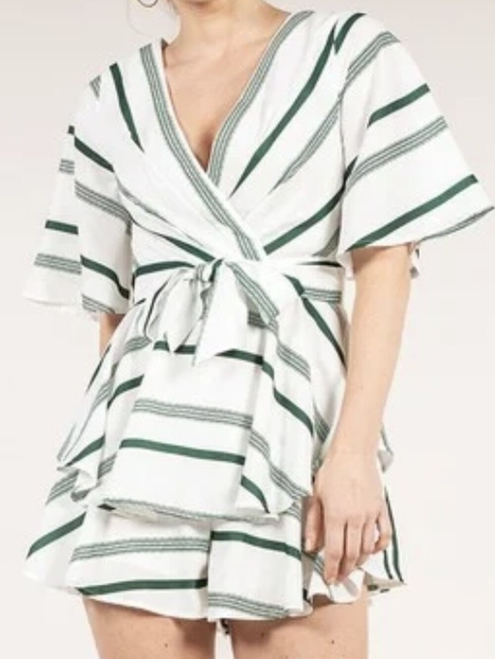 Saints + Secrets White and Green Striped Wrap Peplum Romper Size Medium